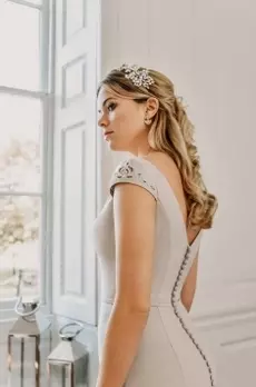 Grey bridesmaid dress with cap sleeve